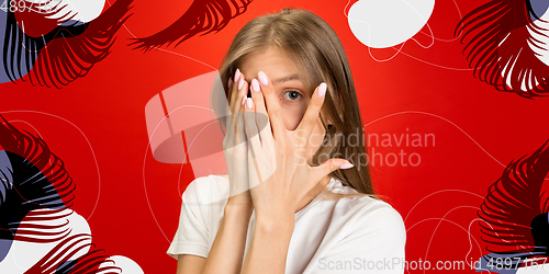 Image of Caucasian woman\'s portrait isolated on bright, modern illustrated background.