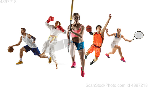 Image of Collage of different sportsmen, fit men and women in action and motion isolated on white background