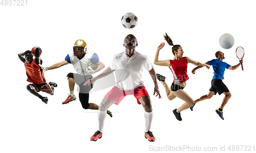 Image of Collage of different sportsmen, fit men and women in action and motion isolated on white background