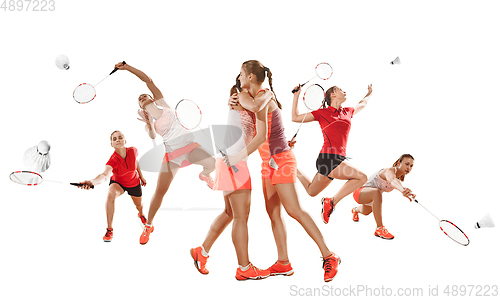 Image of Collage of different sportsmen, fit men and women in action and motion isolated on white background