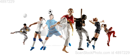 Image of Collage of different sportsmen, fit men and women in action and motion isolated on white background