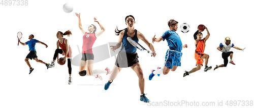 Image of Collage of different sportsmen, fit men and women in action and motion isolated on white background