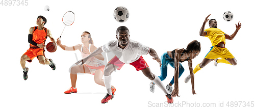 Image of Collage of different sportsmen, fit men and women in action and motion isolated on white background