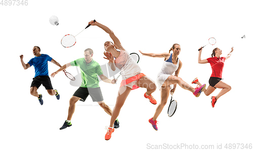 Image of Collage of different sportsmen, fit men and women in action and motion isolated on white background