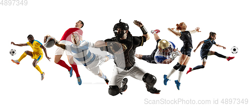 Image of Collage of different sportsmen, fit men and women in action and motion isolated on white background
