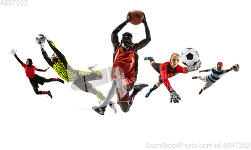 Image of Collage of different sportsmen, fit men and women in action and motion isolated on white background
