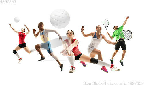 Image of Collage of different sportsmen, fit men and women in action and motion isolated on white background