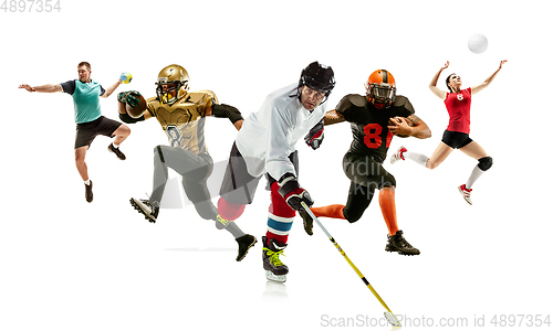 Image of Collage of different sportsmen, fit men and women in action and motion isolated on white background