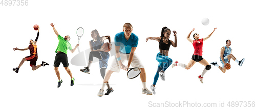 Image of Collage of different sportsmen, fit men and women in action and motion isolated on white background