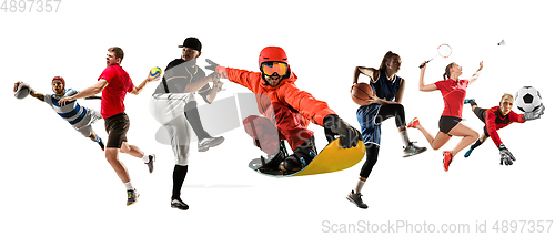 Image of Collage of different sportsmen, fit men and women in action and motion isolated on white background