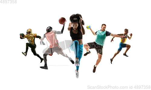 Image of Collage of different sportsmen, fit men and women in action and motion isolated on white background