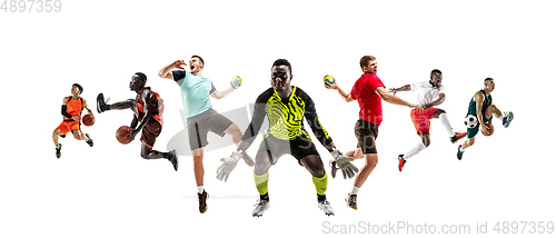 Image of Collage of different sportsmen, fit men and women in action and motion isolated on white background