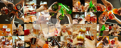 Image of Collage of hands of young friends, colleagues during beer drinking, having fun, laughting and celebrating together. Collage, design