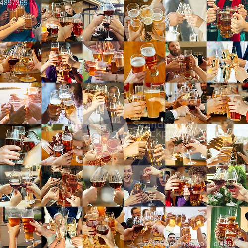 Image of Collage of hands of young friends, colleagues during beer drinking, having fun, laughting and celebrating together. Collage, design