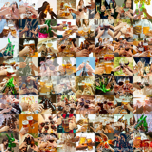 Image of Collage of hands of young friends, colleagues during beer drinking, having fun, laughting and celebrating together. Collage, design