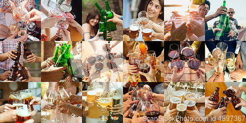 Image of Collage of hands of young friends, colleagues during beer drinking, having fun, laughting and celebrating together. Collage, design