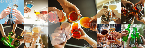 Image of Collage of hands of young friends, colleagues during beer drinking, having fun, laughting and celebrating together. Collage, design