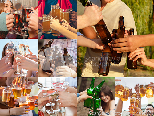 Image of Collage of hands of young friends, colleagues during beer drinking, having fun, laughting and celebrating together. Collage, design