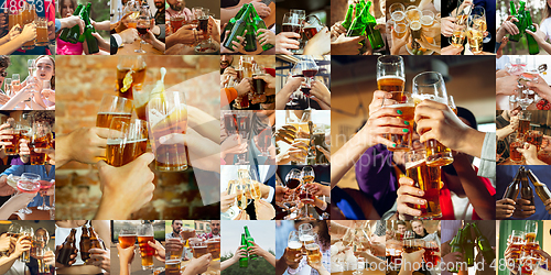 Image of Collage of hands of young friends, colleagues during beer drinking, having fun, laughting and celebrating together. Collage, design