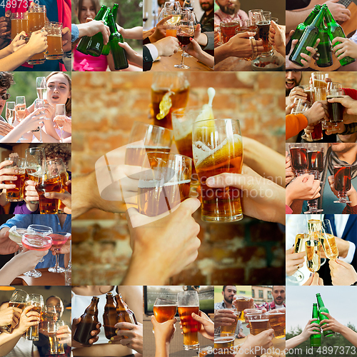 Image of Collage of hands of young friends, colleagues during beer drinking, having fun, laughting and celebrating together. Collage, design