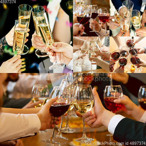 Image of Collage of hands of young friends, colleagues during beer drinking, having fun, laughting and celebrating together. Collage, design