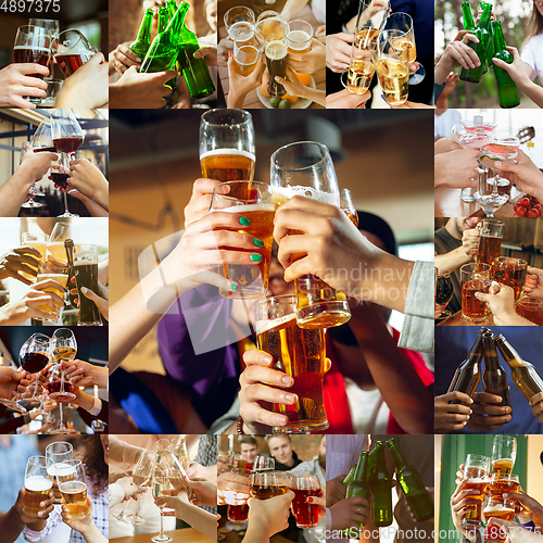 Image of Collage of hands of young friends, colleagues during beer drinking, having fun, laughting and celebrating together. Collage, design