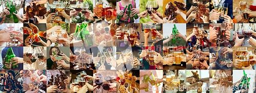 Image of Collage of hands of young friends, colleagues during beer drinking, having fun, laughting and celebrating together. Collage, design