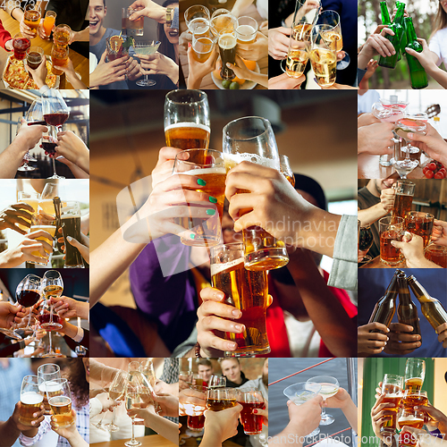 Image of Collage of hands of young friends, colleagues during beer drinking, having fun, laughting and celebrating together. Collage, design