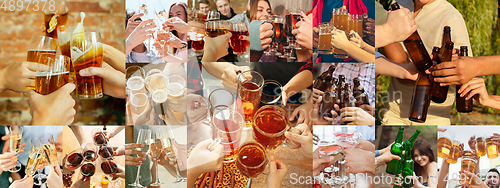 Image of Collage of hands of young friends, colleagues during beer drinking, having fun, laughting and celebrating together. Collage, design