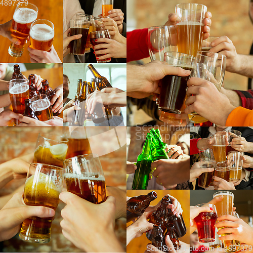 Image of Collage of hands of young friends, colleagues during beer drinking, having fun, laughting and celebrating together. Collage, design