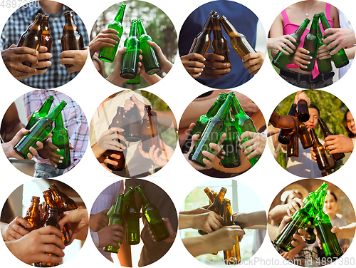 Image of Collage of hands of young friends, colleagues during beer drinking, having fun, laughting and celebrating together. Collage, design