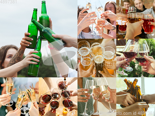 Image of Collage of hands of young friends, colleagues during beer drinking, having fun, laughting and celebrating together. Collage, design