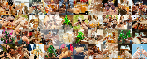 Image of Collage of hands of young friends, colleagues during beer drinking, having fun, laughting and celebrating together. Collage, design