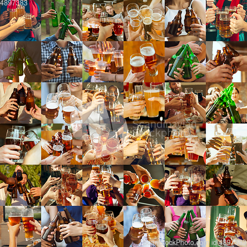 Image of Collage of hands of young friends, colleagues during beer drinking, having fun, laughting and celebrating together. Collage, design