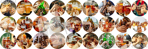 Image of Collage of hands of young friends, colleagues during beer drinking, having fun, laughting and celebrating together. Collage, design