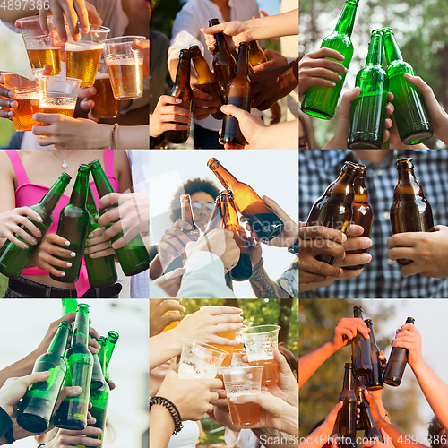 Image of Collage of hands of young friends, colleagues during beer drinking, having fun, laughting and celebrating together. Collage, design