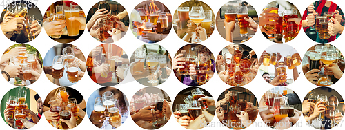 Image of Collage of hands of young friends, colleagues during beer drinking, having fun, laughting and celebrating together. Collage, design