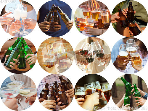 Image of Collage of hands of young friends, colleagues during beer drinking, having fun, laughting and celebrating together. Collage, design