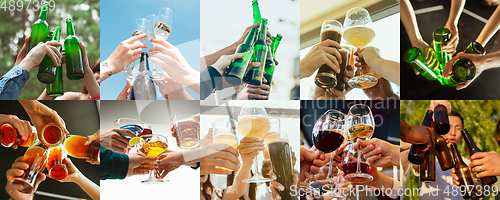 Image of Collage of hands of young friends, colleagues during beer drinking, having fun, laughting and celebrating together. Collage, design