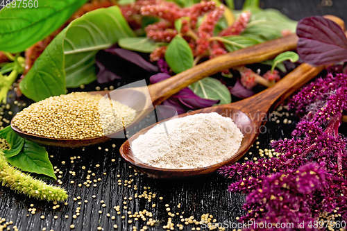 Image of Flour and seeds amaranth in two spoons on dark board