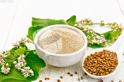 Image of Flour buckwheat brown in bowl on white board
