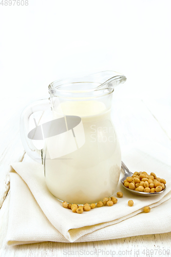 Image of Milk soy in jug on wooden board