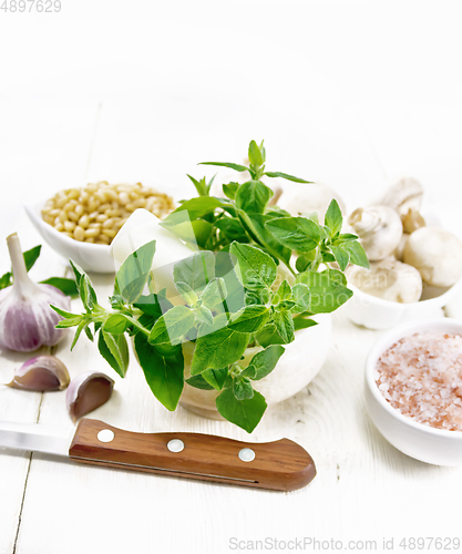 Image of Oregano fresh in mortar on wooden board