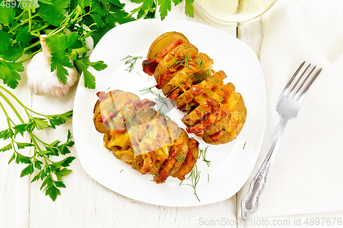 Image of Potatoes puff smoked bacon in plate on board top