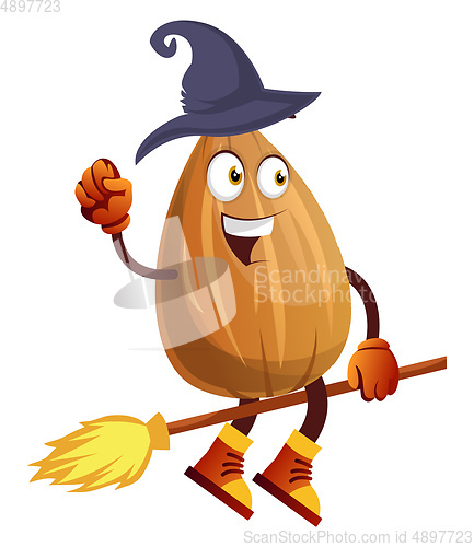 Image of Almond riding broomstick with witches hat on, illustration, vect