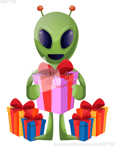 Image of Alien with present, illustration, vector on white background.