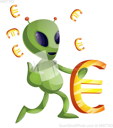 Image of Alien with euro sign, illustration, vector on white background.