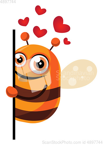 Image of Bee in love looking behind wall, illustration, vector on white b