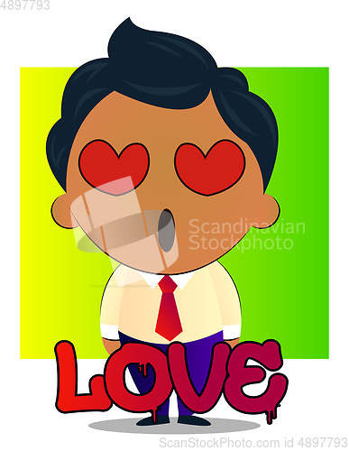 Image of Boy in a suit with curly hair is in love, illustration, vector o