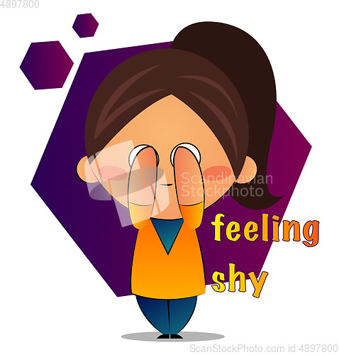 Image of Cute girl with brown ponytail feeling shy, illustration, vector 